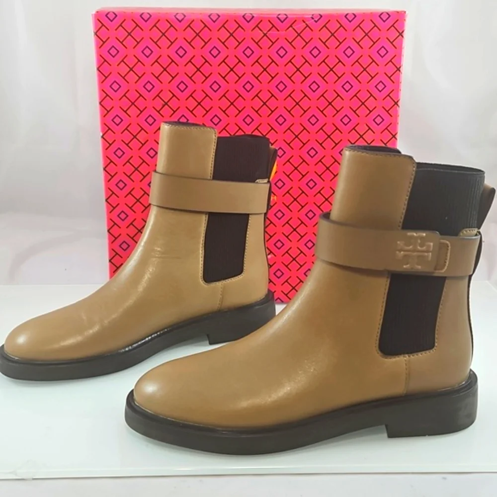 Tory Burch Embossed Leather Double T Chelsea Ankle Boots Size 7.5